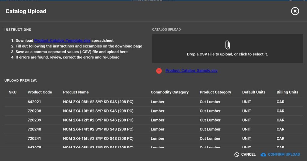 product catalog upload dialog