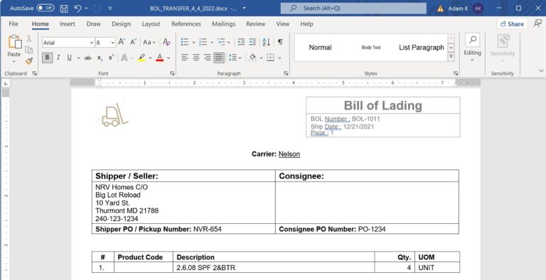 Bill of Lading